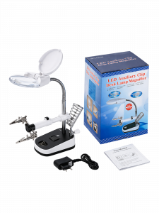 Третья рука для пайки с подсветкой , универсальный держатель на подставке с лупой 2 руки OT-INL44